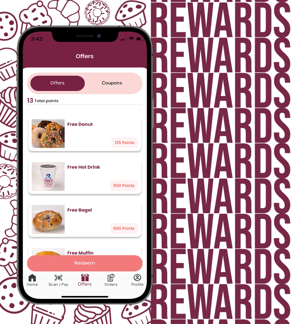Ma's Donuts app rewards redemption screen